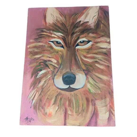 Wolf Painting Original on Plaster Canvas Red Brown Signed J Miculka '09 Vintage - Picture 2 of 12